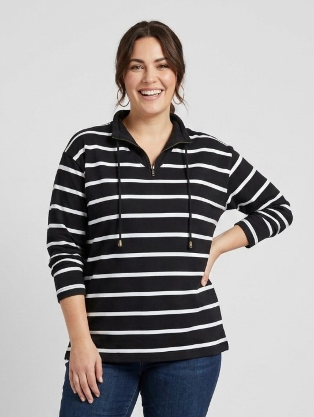 Striped Half-Zip Hoodie Pullover - Black/White